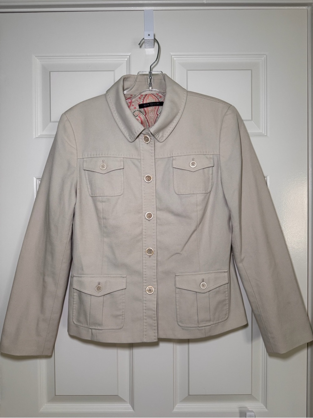 Vintage Elie Tahari Cream Cargo Pocket Cotton Fitted Jacket